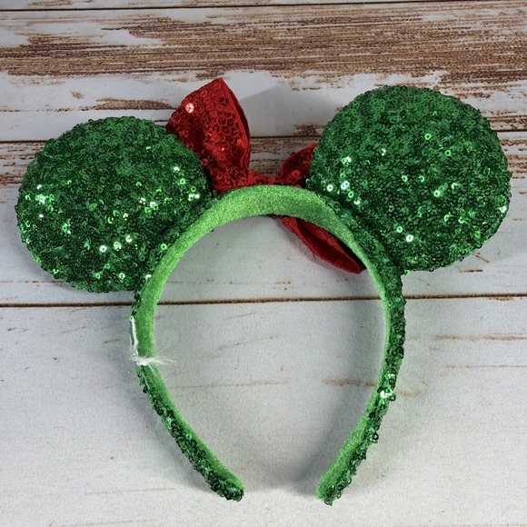 Disney Parks Christmas Green Holly Berry Sequined Mickey Ears Exclusive – Used - Picture 4 of 5